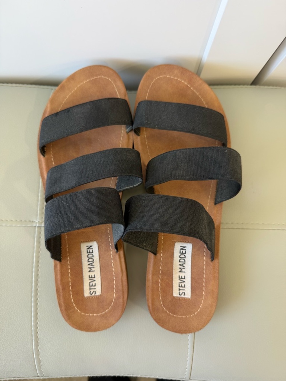 Steve Madden Black and Brown Triple Strap Slide Sandals